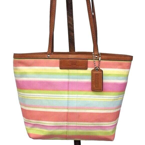 Coach Hampton Pastel Striped Handbag Tote Purse - Picture 1 of 15
